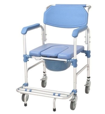Silla de cuatro ruedas del retrete de los PP de aluminio del marco azul de la aleación con el freno
