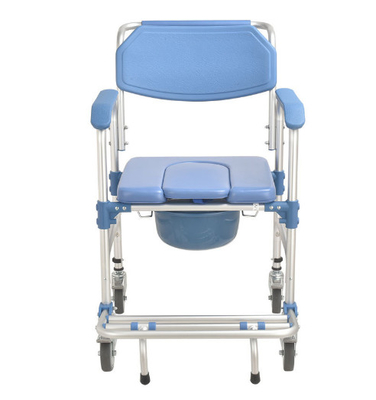 Silla de cuatro ruedas del retrete de los PP de aluminio del marco azul de la aleación con el freno