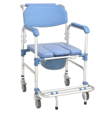 Silla de cuatro ruedas del retrete de los PP de aluminio del marco azul de la aleación con el freno
